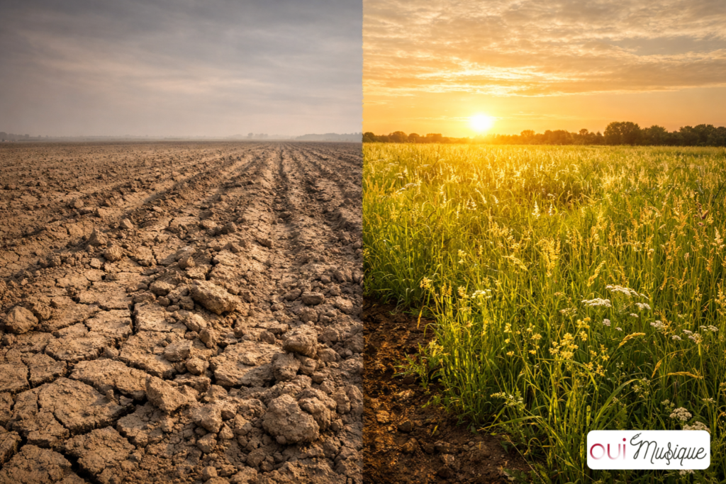 Deux champs côte à côte — l'un épuisé par un labour excessif, l'autre en jachère et fertile — métaphore de la consolidation neuronale dans l'apprentissage musical.
