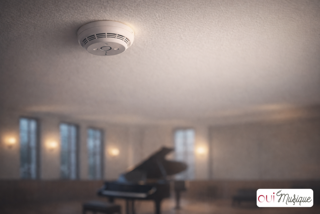 Détecteur de fumée dans une salle de concert au dessus d'un piano— métaphore du mécanisme cérébral du trac