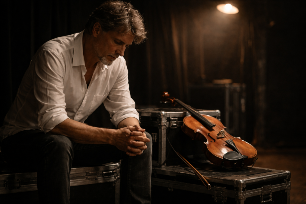 Musicien assis seul avant de monter sur scène, instrument posé à ses côtés