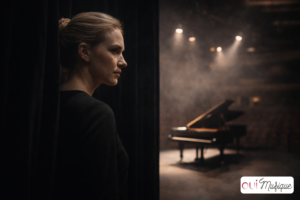 Pianiste dans les coulisses avant un concert, regard tourné vers la scène