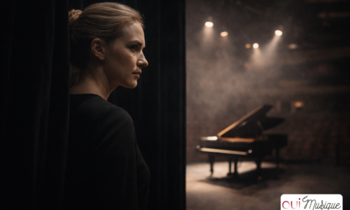 Pianiste dans les coulisses avant un concert, regard tourné vers la scène