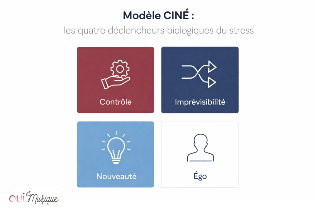 Schéma du modèle CINE - les quatre déclencheurs biologiques du stress
