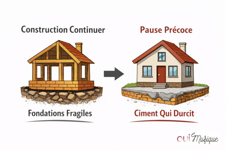 illustration des fondations montrant comment une pause precoce stabilise l apprentissage musical