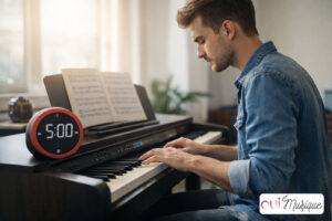 Pianiste avec un minuteur devant son piano-consolidation-memoire-pause-precoce