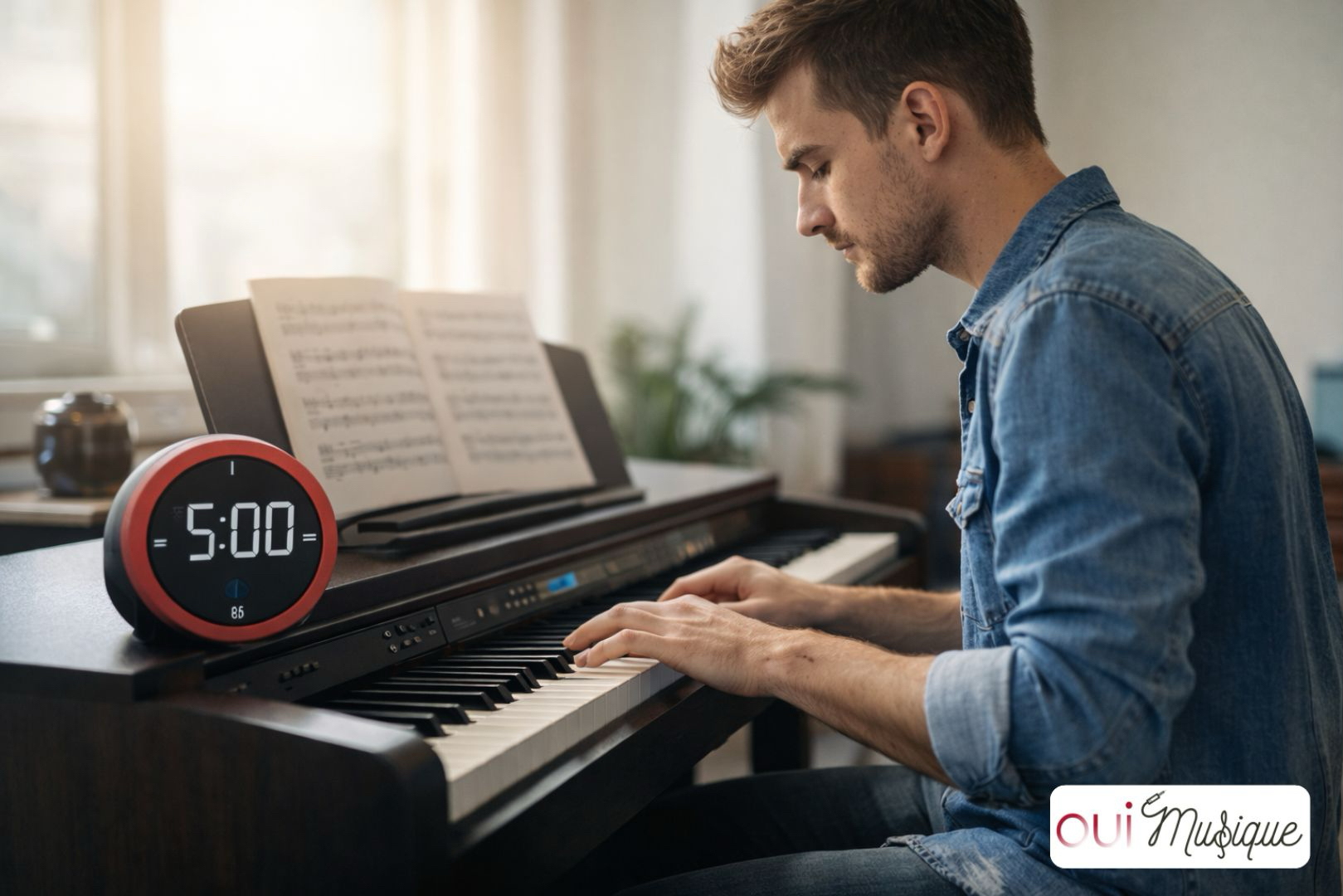 Pianiste avec un minuteur devant son piano-consolidation-memoire-pause-precoce